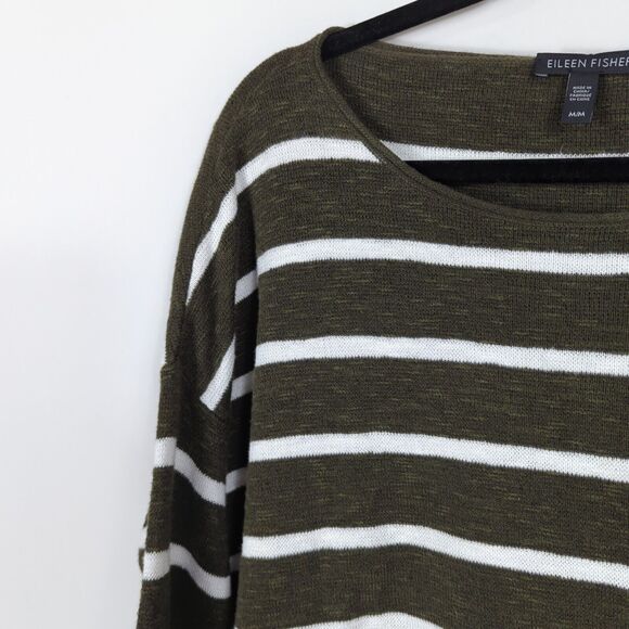 EILEEN FISHER Organic Linen and Cotton Lightweight Striped Sweater in Olive M - Picture 3 of 5